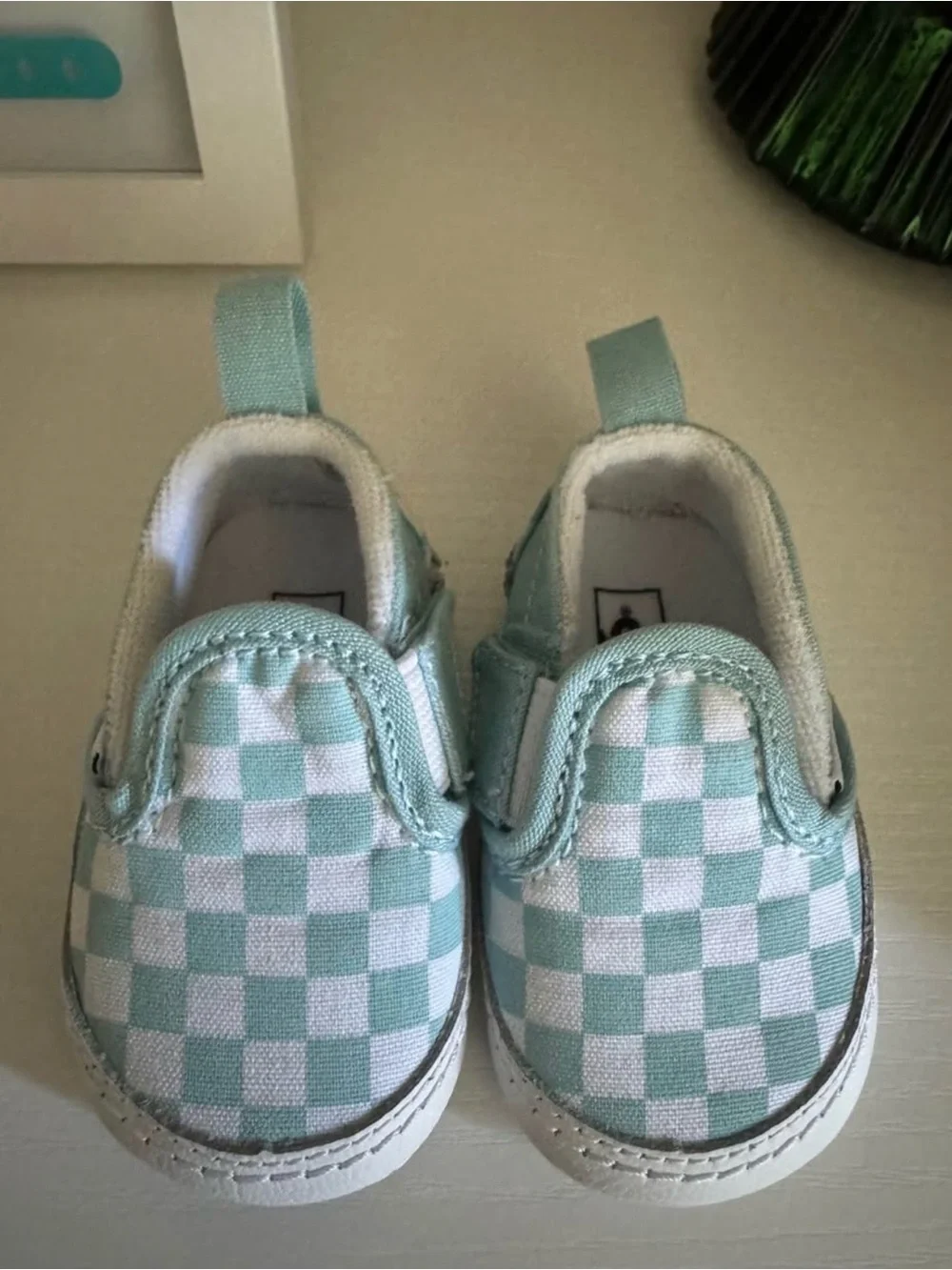 Vans Baby Checkerboard Slip-On Shoes in Mint and White